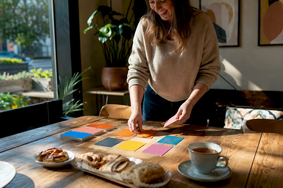 Conversation prompt cards on table