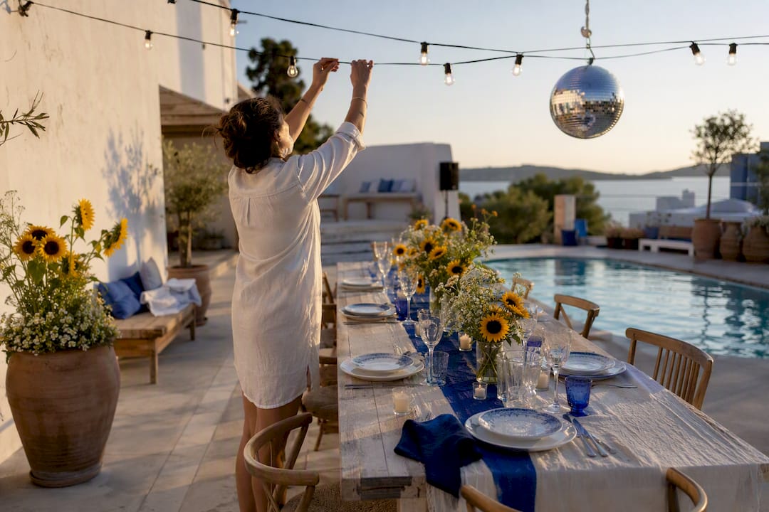 Blue and white party decor on poolside terrace