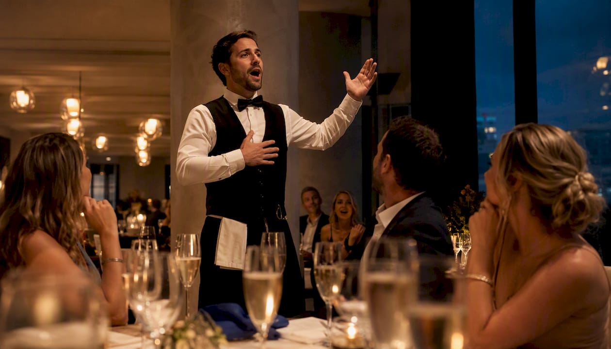 Singing waiter surprising engagement party guests