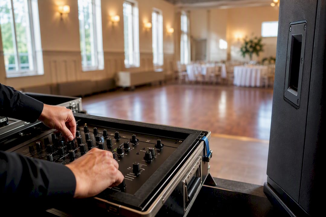 DJ preparing wedding reception equipment