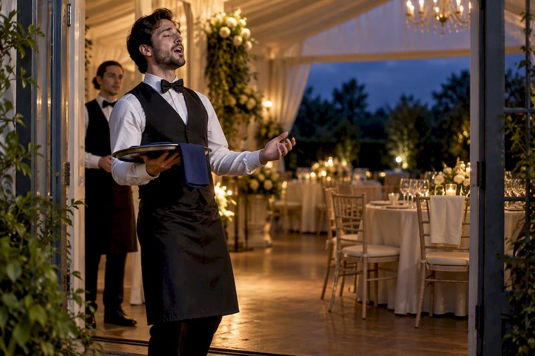 Singing waiter rehearsing inside event marquee
