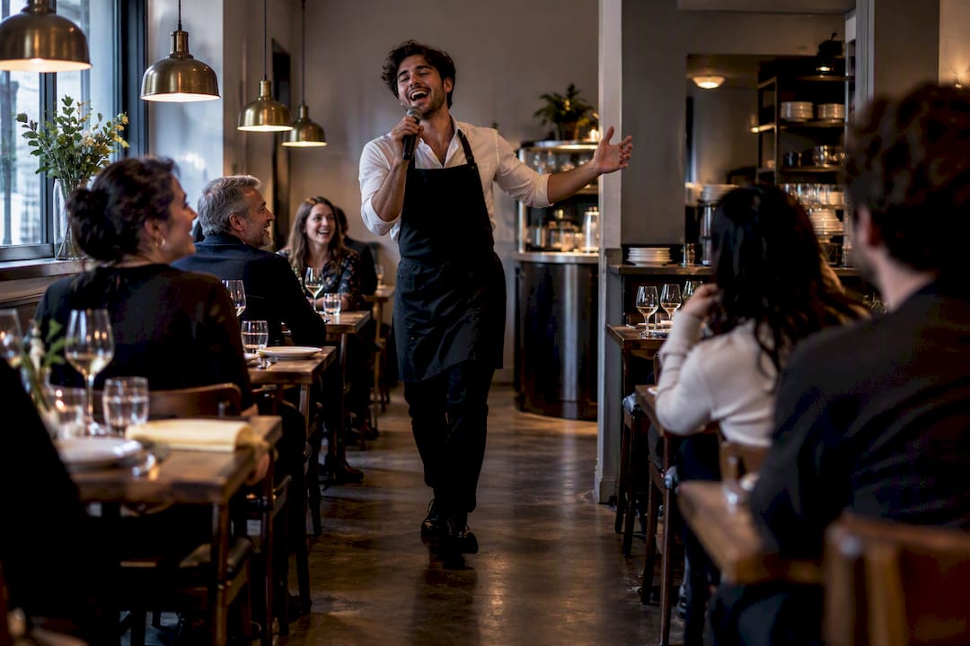 Singing waiter performing in compact restaurant