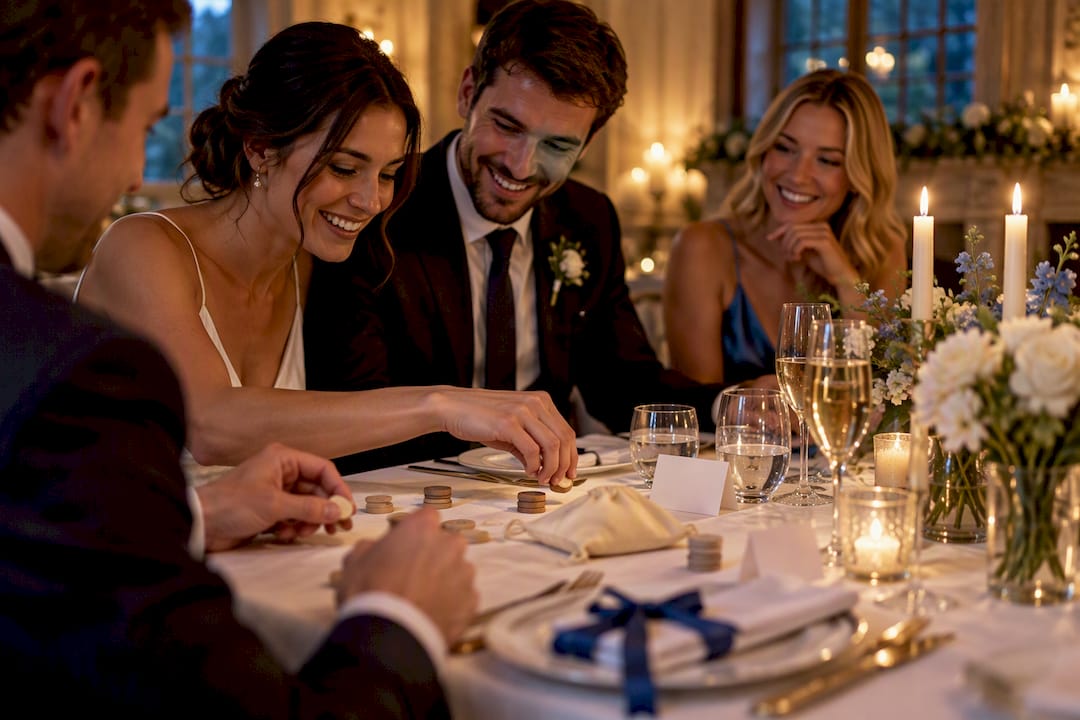 Wedding guests playing games at dinner table