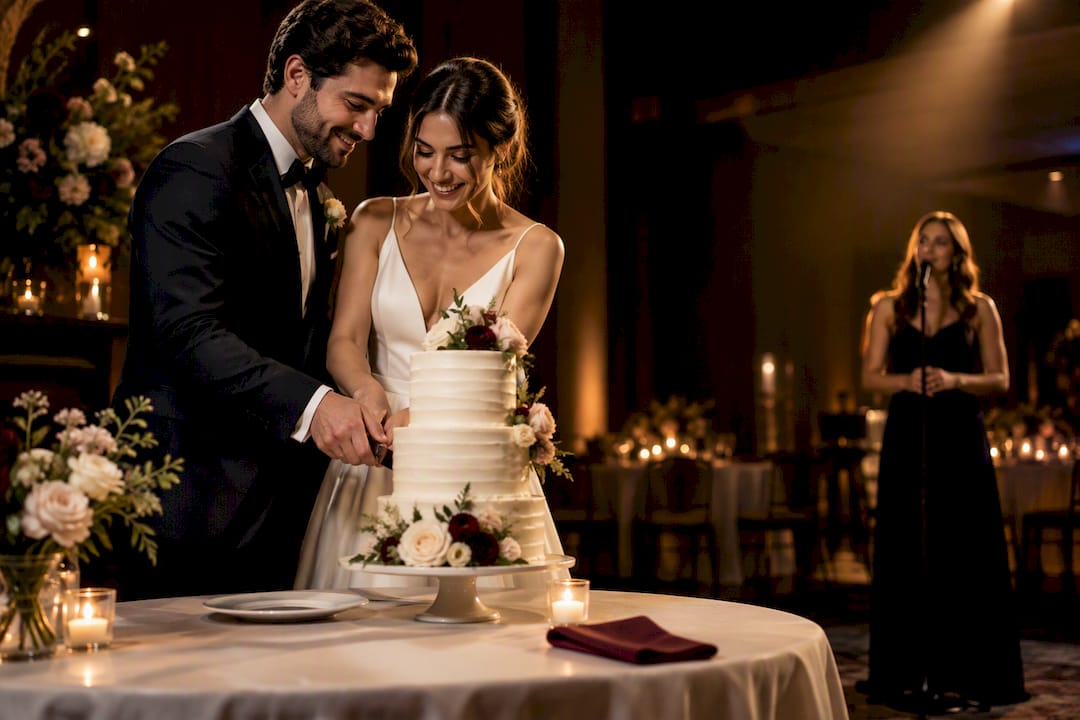 Couple cutting wedding cake before musical cue