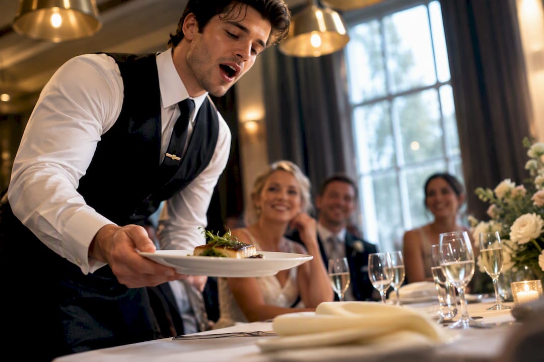 Singing waiter serving before wedding reveal