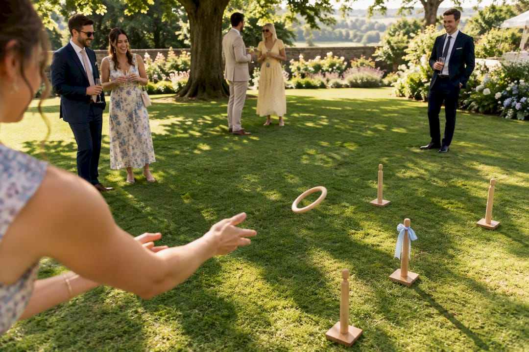 Wedding guests playing lawn ring toss