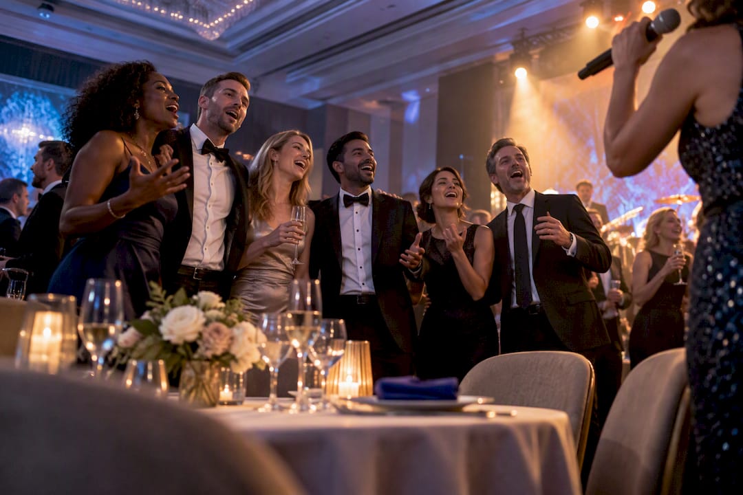 Corporate guests singing together at gala