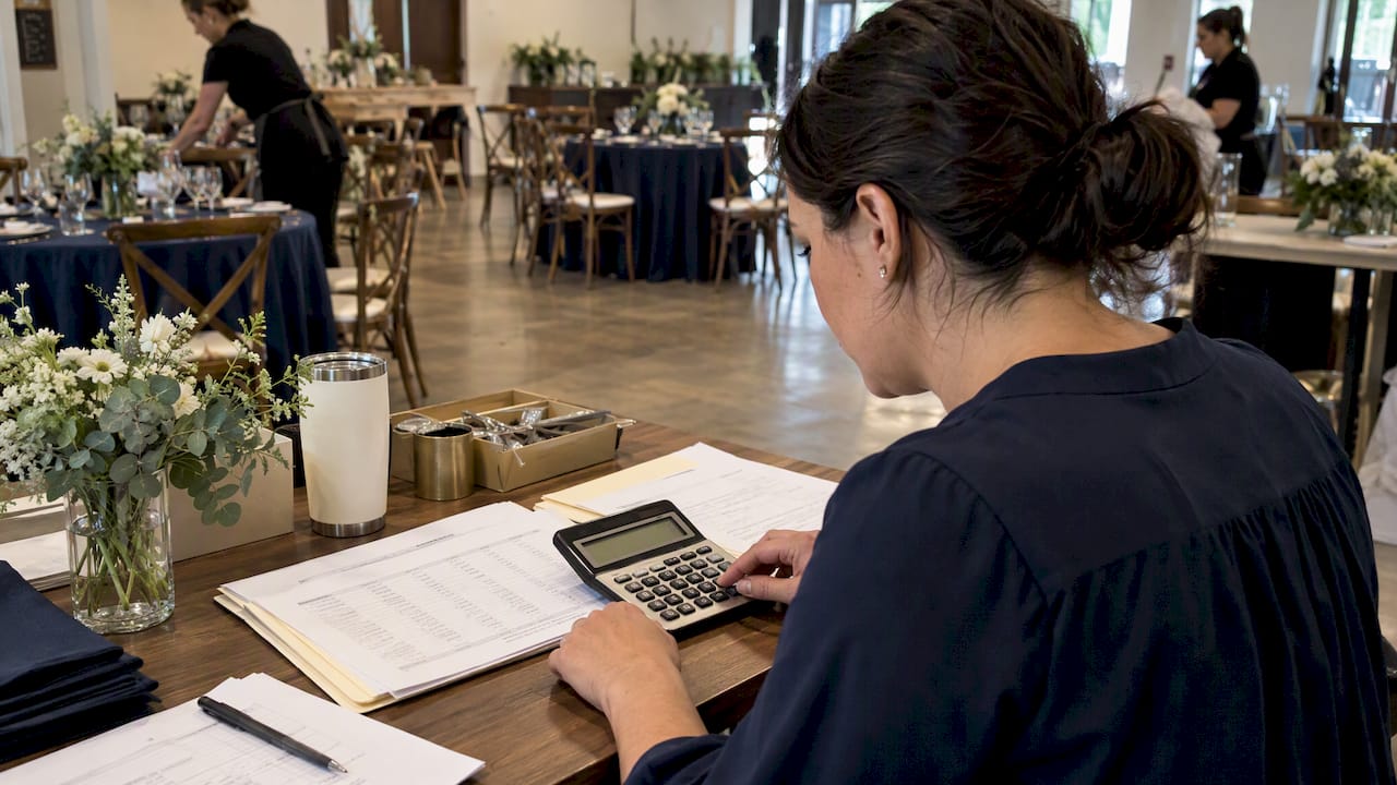 Planner calculating entertainment costs at a reception venue