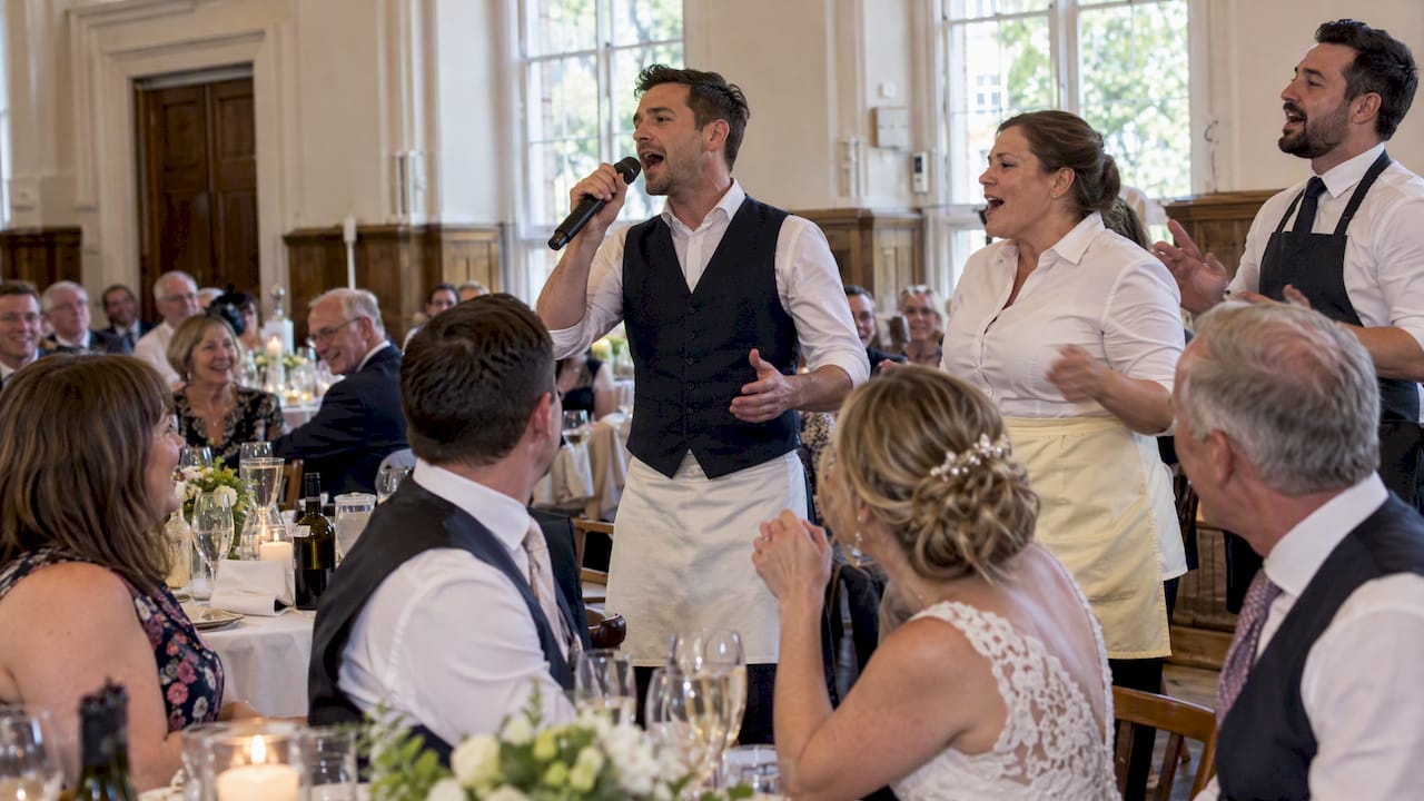 Waitstaff surprise wedding guests with a song