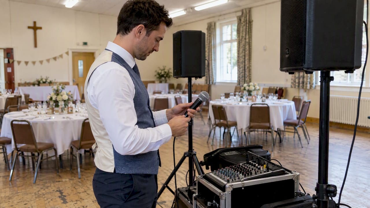 Singing waiter checks a wedding PA